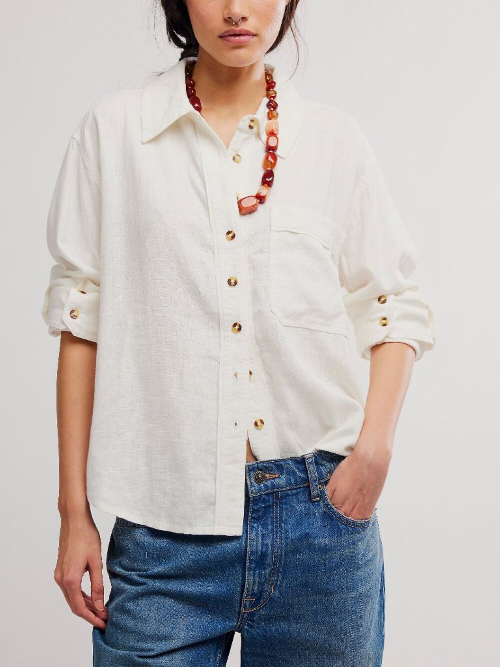 🆕 FREE PEOPLE We The Free Laurel Linen Buttondown Top / Clean Ivory